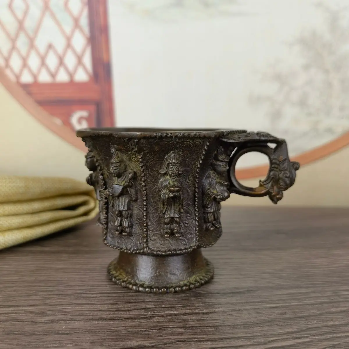 Chinese antiques antique bronze Tang Dynasty music figurines figure pattern octagonal cup wine cup collectibles ornaments