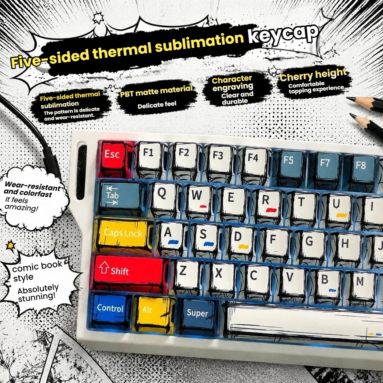 Comic Style Colorful Mixed Light Keycaps Original Factory Height 136 Keys Set Classic Minimalist Style Machine Keycap Decoration