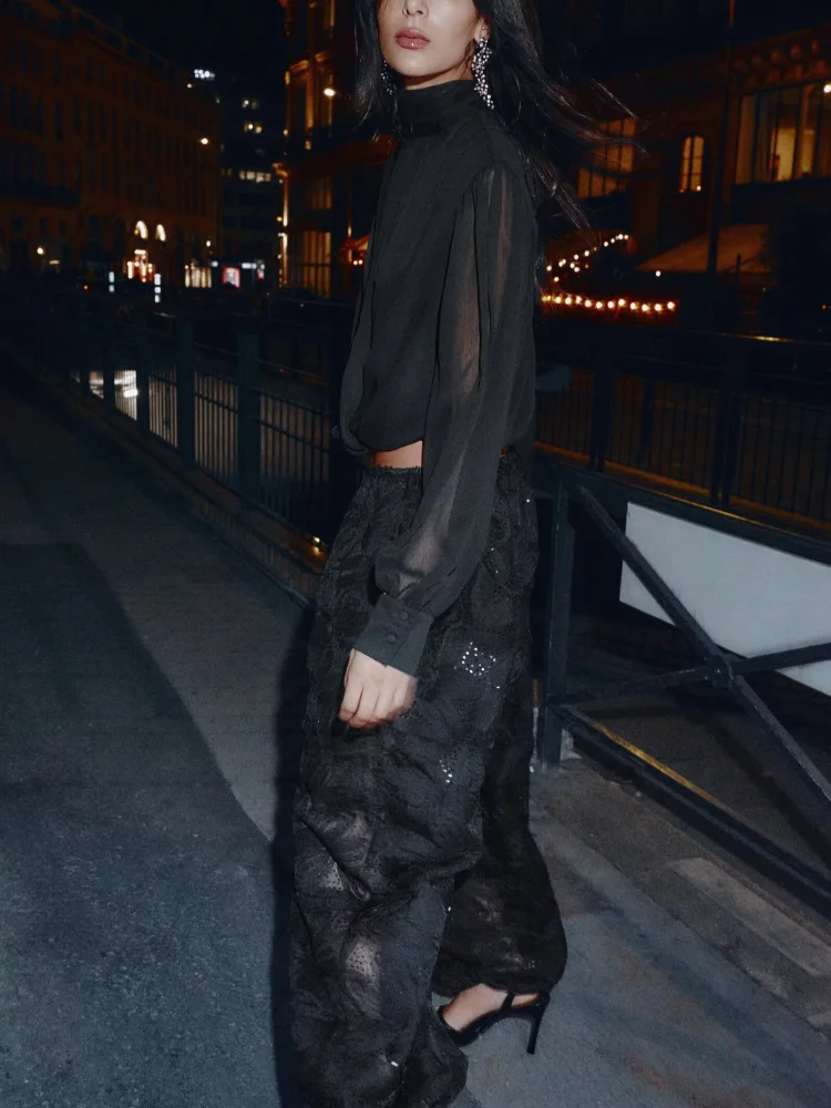 

Black Sexy See Through Shirt Women Elegant Full Sleeve High Collar Pleated Loose Short Shirts 2026 Lady Night Club Chic Wear New