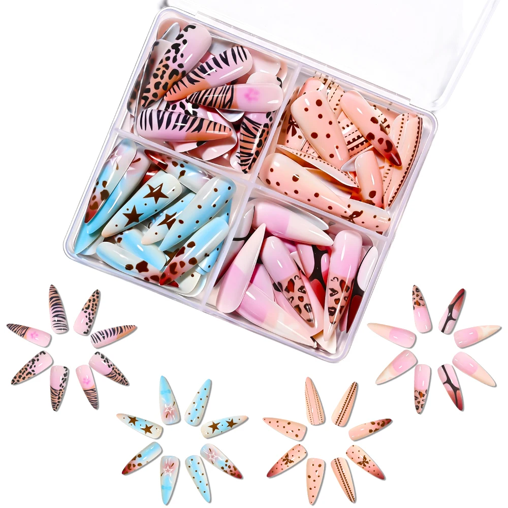 96pcs/Box Sexy Leopard Print Long Stiletto Press On Nails Cool Bow Line Pentagram Fake Nails Full Cover False Nails Set For Dec