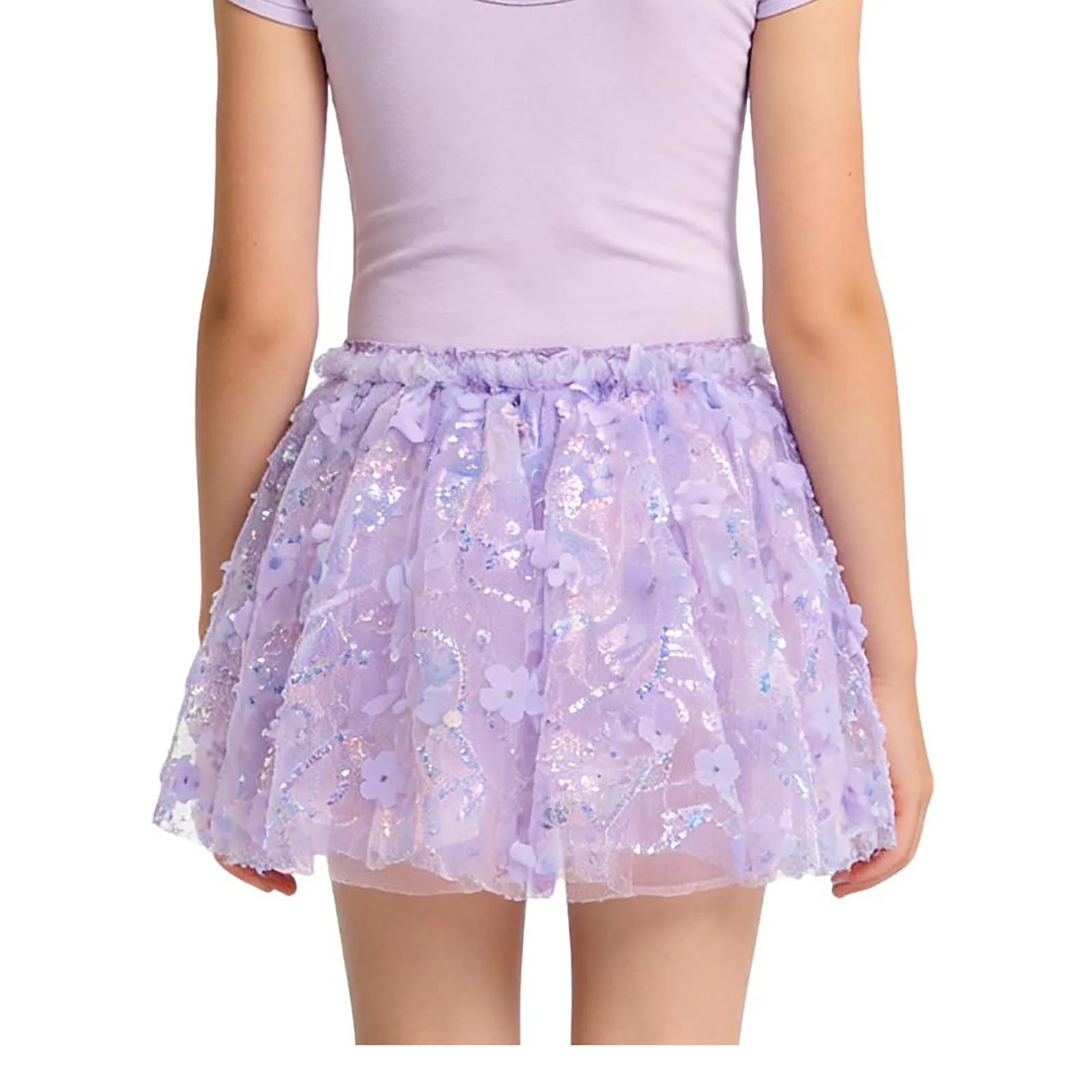 

Girls 3D Flower Sequin Tulle Skirt Elastic Waistband Dance Suit for Ballet Gymnastics Jazz Performance Daily Dance Practice Wear