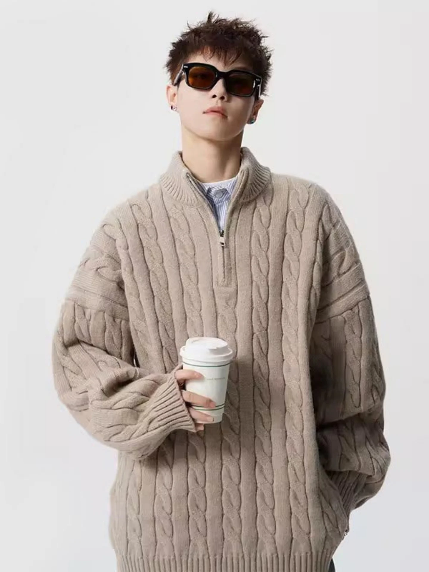 

Мужской свитер на молнии цвета хаки, повседневный, осенне-зимний, модный, брендовый, с льняным узором, свободный вязаный топ свободного кроя