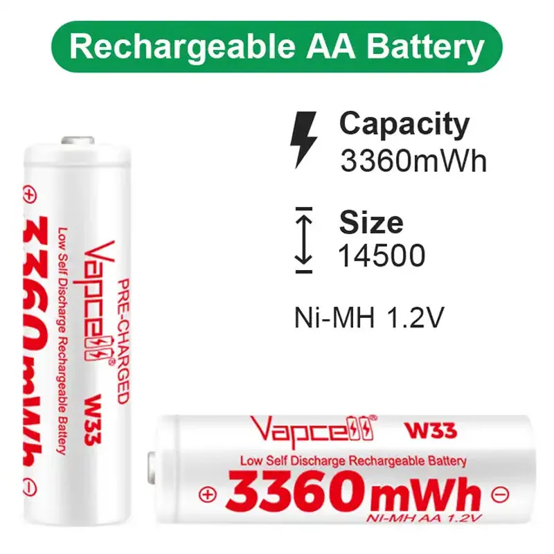 Original Vapcell W33 14500 Battery 3360mAh 1.2V AA Ni-Mh Battery Long Life Low Self Discharge Rechargeable Batteries For Toys