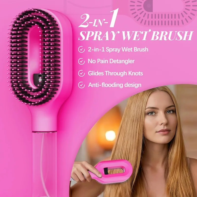 2 in 1 Spray Hair Brush, Detangling Anti-Static Hair Comb with Refillable Spray Bottle, Water Mist Essential Oil Spraying Scalp Massage Brush for Hair Styling, Frizz Control Summer Hair Care Brush