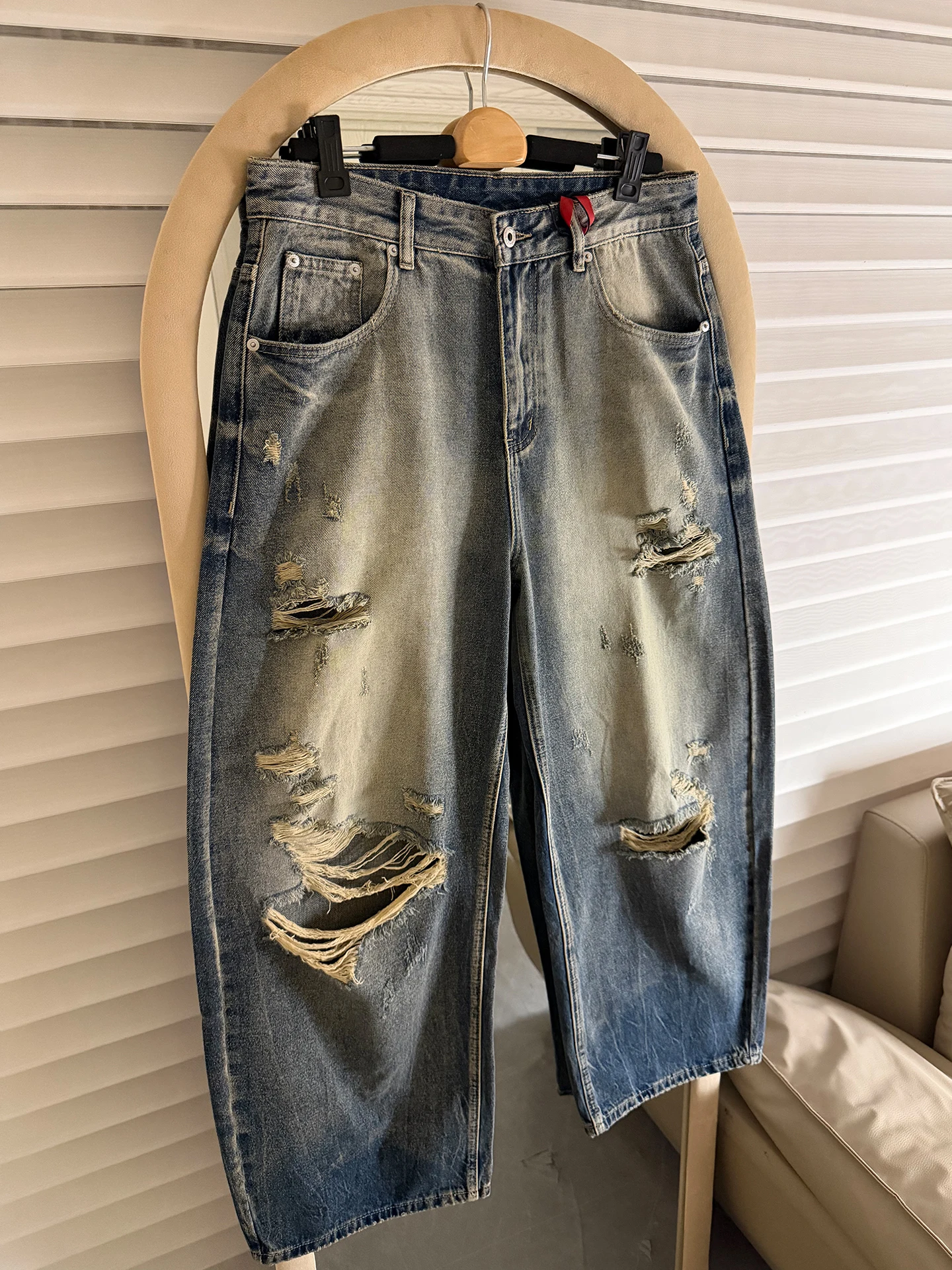 Calças Jeans Unissex de Perna Larga, Estilo Parisiense e Americano Vintage, Modernas, Soltas, Rasgadas, Comprimento Total, Es...