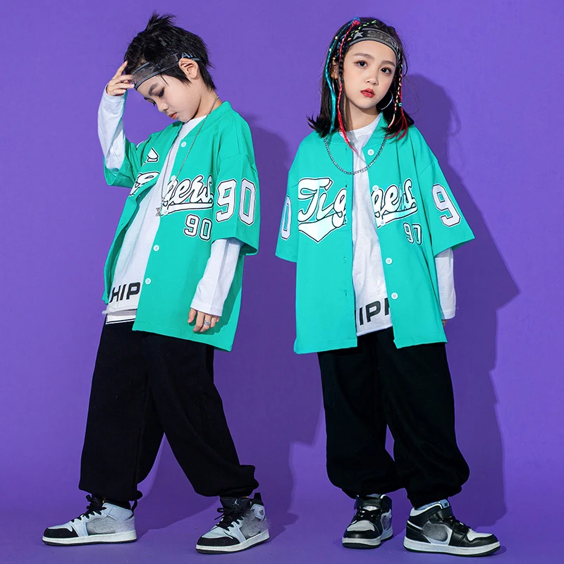 

2023 Children Jazz Dance Performance Costumes For Girls Blue Jacket Black Pants Suit Streetwear Boys Hip Hop Clothing DQS8968