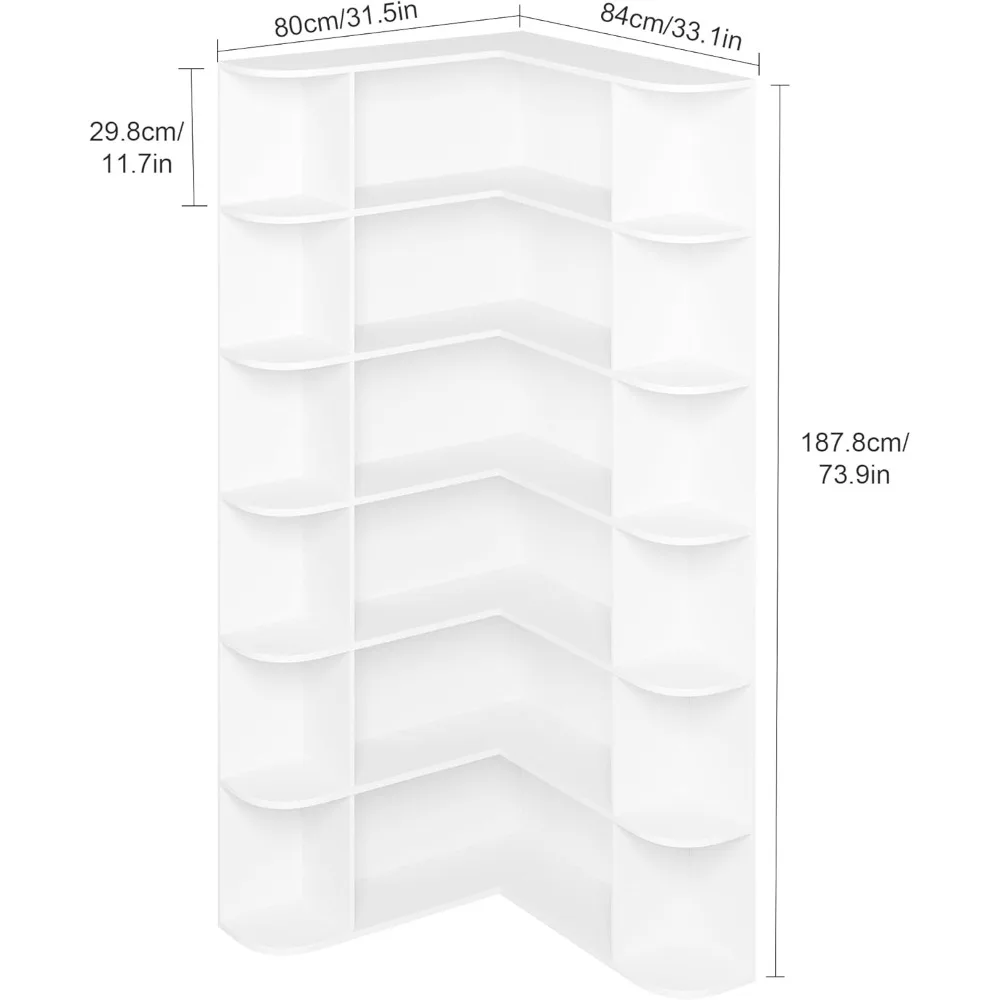 74” Tall Corner Bookshelf, 6-Tier Bookshelf and Bookcase with Open Storage, L Shaped Bookcases Wooden Storage Shelves for Home