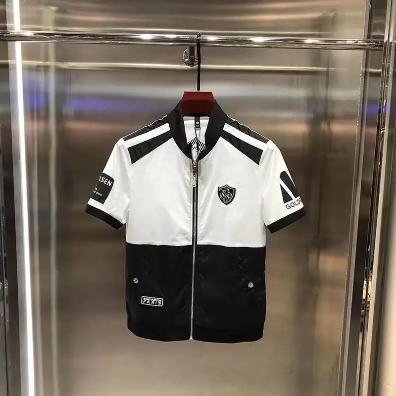 Summer new zipper stand-up collar men's slim-fit short-sleeved T-shirt printed cardigan casual half-sleeve