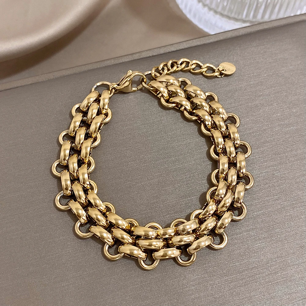 1pc Punk Gold Plated Stainless Steel Bracelets for Women Men Chunky Metal Thick Cuban Chain Statement Bracelet Charm Jewelry image 2