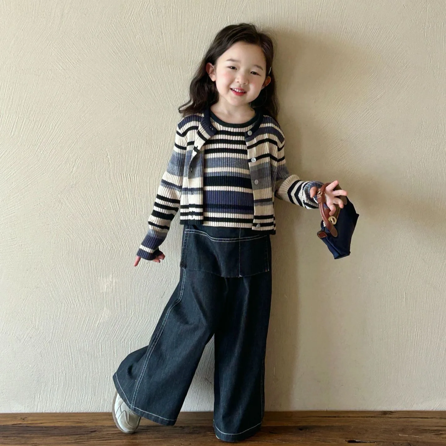 

Girls Suits 2025 Spring New Childrens Clothes Girls Baby Striped Knitted Cardigan Vest Jeans Three-piece Set Casual Simple Daily