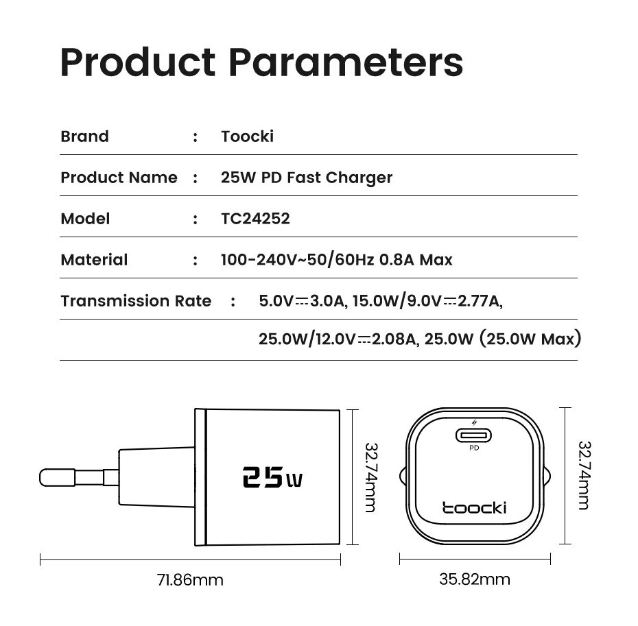 Toocki 25W GaN Ladegerät USB C QC3.0 PD3.0 PPS Schnellladung für iPhone 18 17 16 Pro Max Samsung S25 S26 Schnelles Typ-C-Ladegerät – Detail 12
