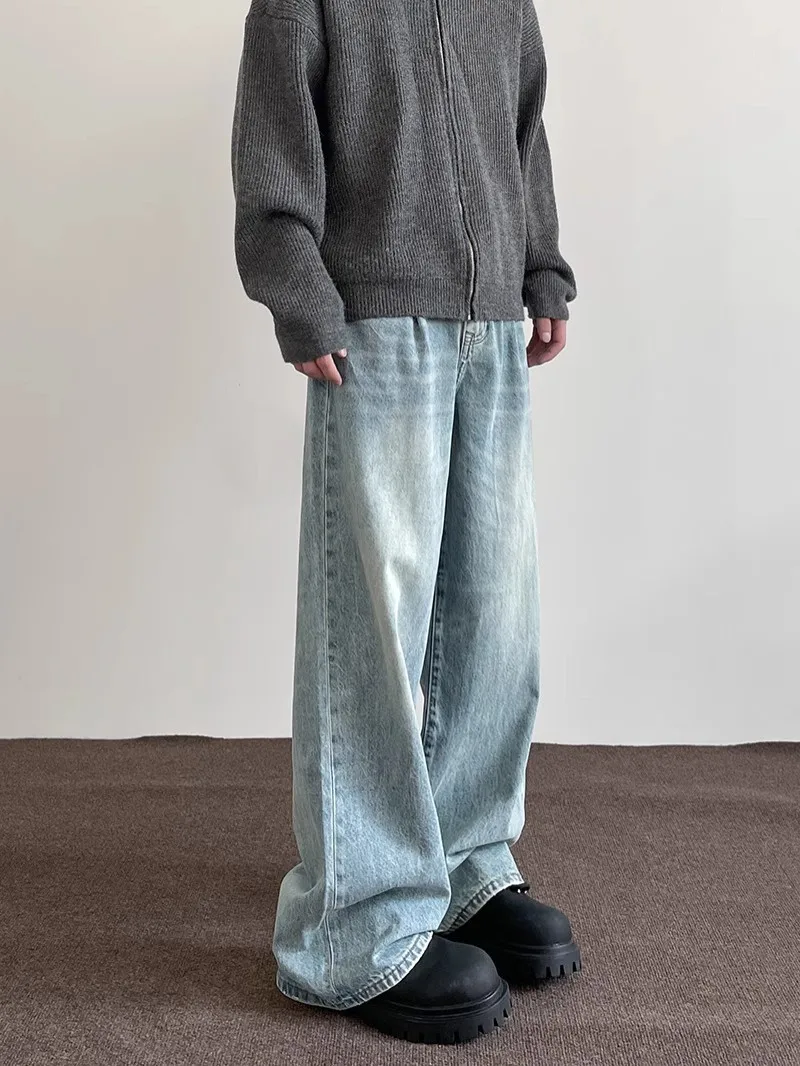 

Men's Loose Straight Leg Waed Blue Jeans High Waist Long Trousers American Sle Wide Leg Jeans Casual Faion