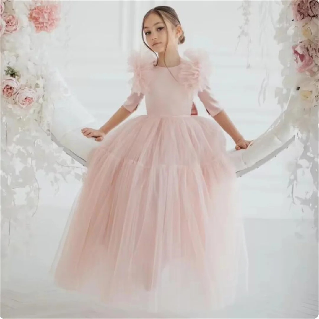 

Light Pink Flower Girl Dresses Tulle With Bow Half Sleeve For Wedding Birthday Party Banquet Princess Gowns