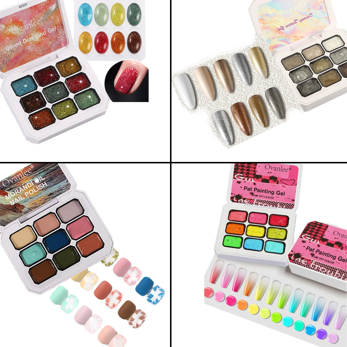 Ovanlee 9-Grid Art Painting Gel Collection – 4-in-1 Creamy Texture UV/LED Gel Set for Nail Art, Solid Glue Series with Diced Diamond, Dreamlike Metallic, Morandi Oil & Neon Pat Effects