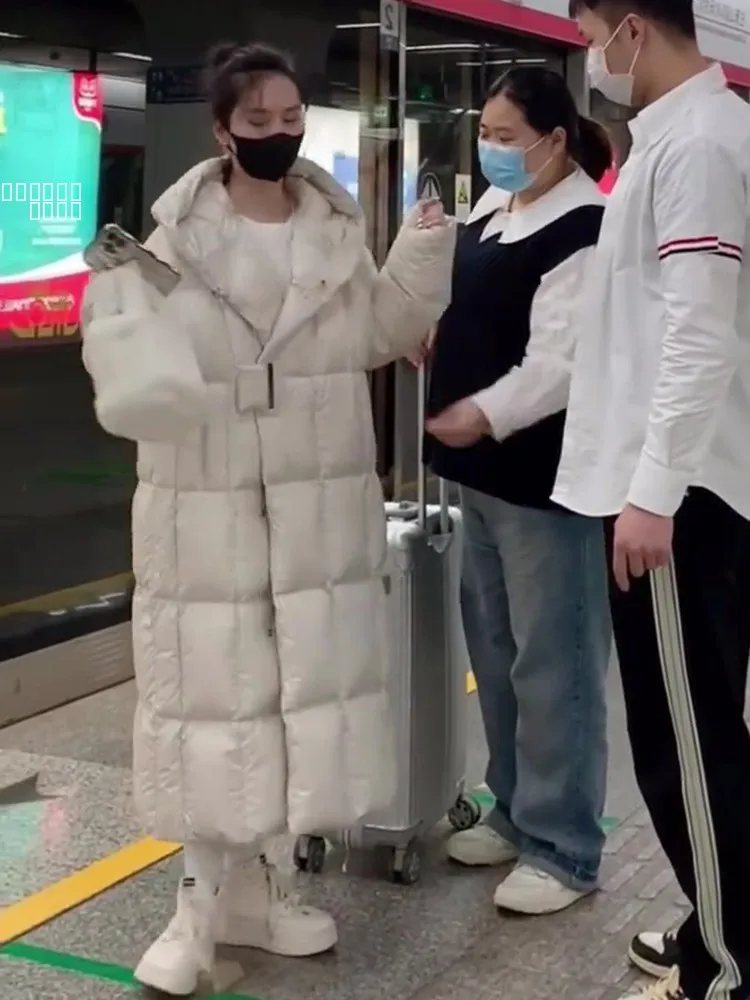 Faionable White Du down Jaet Women's Thiened Warm Button Long Bread Sle Coat Casual Loose Fit Winter New Arrival