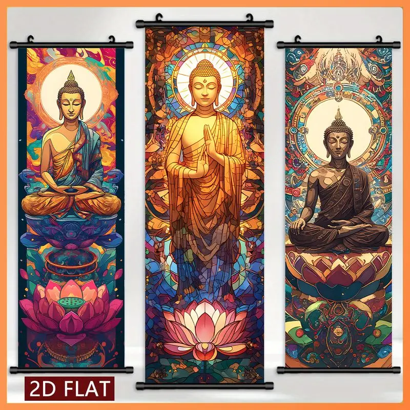 VIKAMA Buddha Lotus Scroll Tapestry Stained Glass Mandala Floral Buddha Portrait Vertical Wall Hanging Home Decor