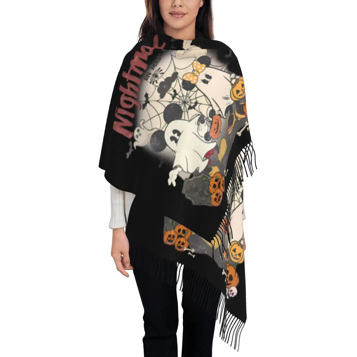 

Винтажный шарф на Хэллоуин на Хэллоуин в стиле ретро, Хэллоуин, кошмар, жуткий шарф с кисточками, женские мягкие шаль, женские зимние шарфы
