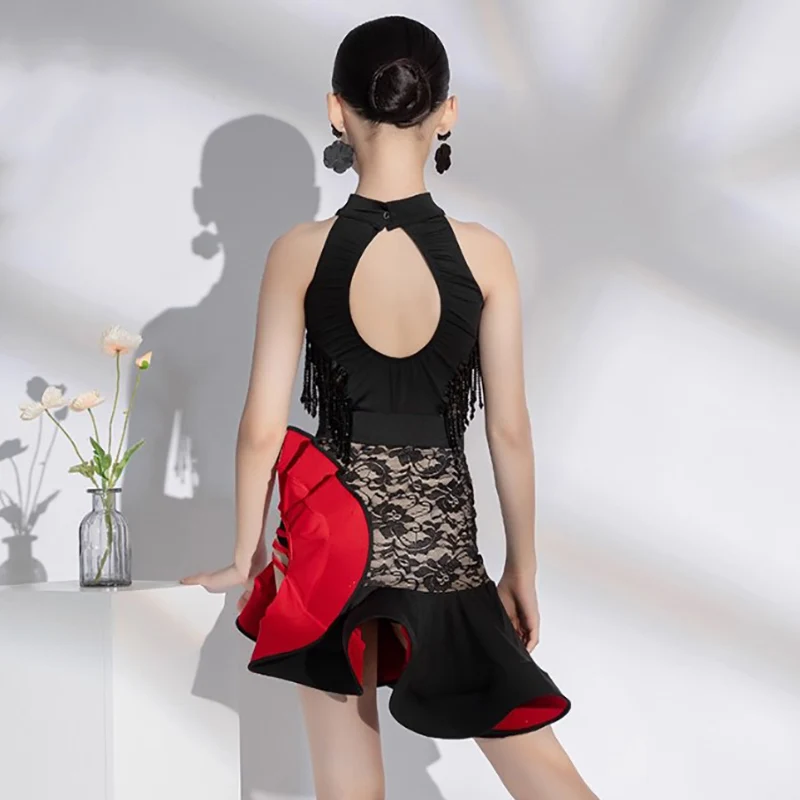 

Детский современный латинский танцевальный кружевной комбинезон без рукавов с кисточками и юбка для девочек, профессиональная одежда для соревнований, вальса, социального танца