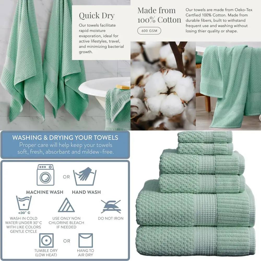 Juego de toallas de algodón de 6 piezas: toallas de baño y manos ultrasuaves y de secado rápido en verde Wasabi