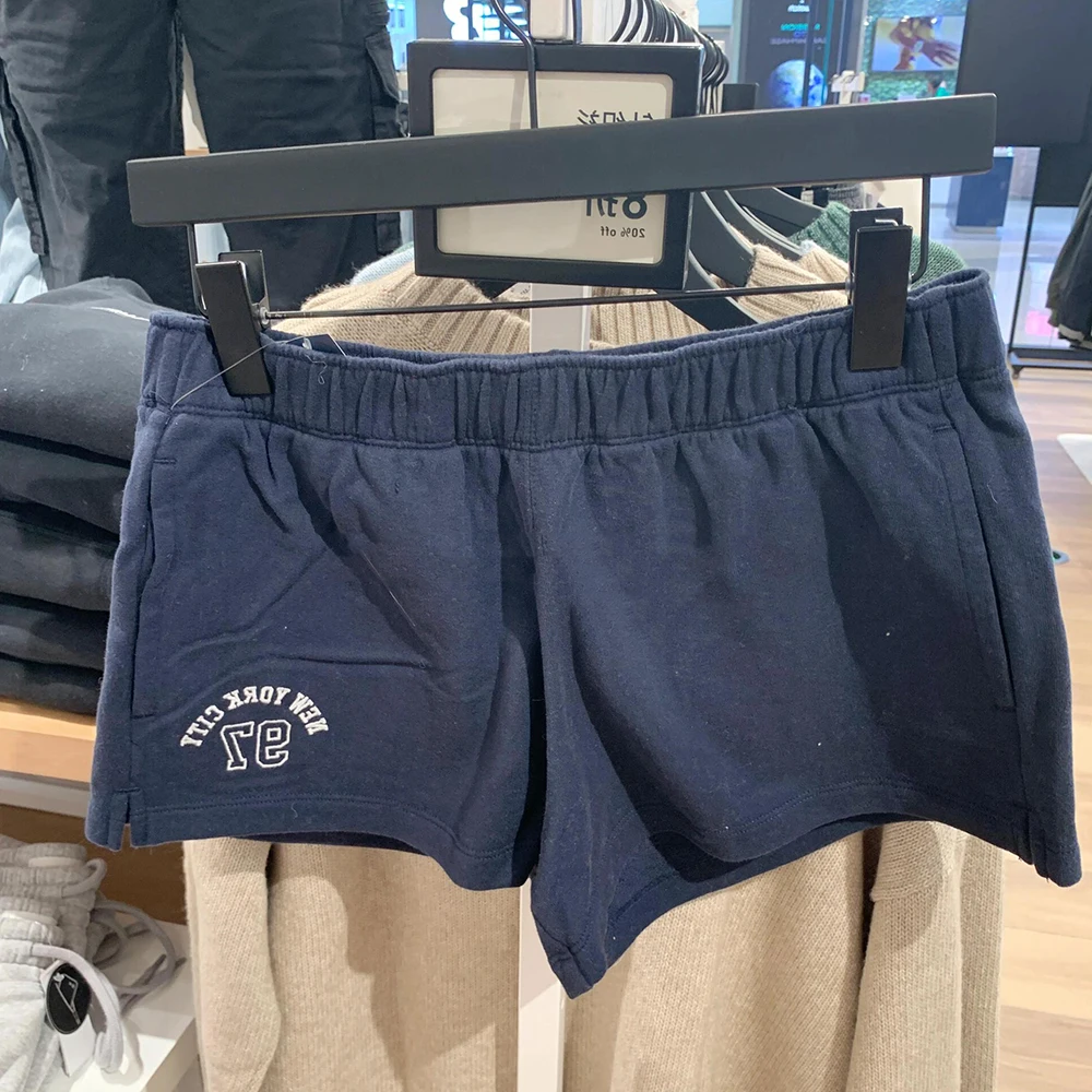 

Темно-синие спортивные штаны с вышивкой букв, женские летние повседневные спортивные шорты с эластичной резинкой на талии и карманами в консервативном стиле, винтажные спортивные штаны