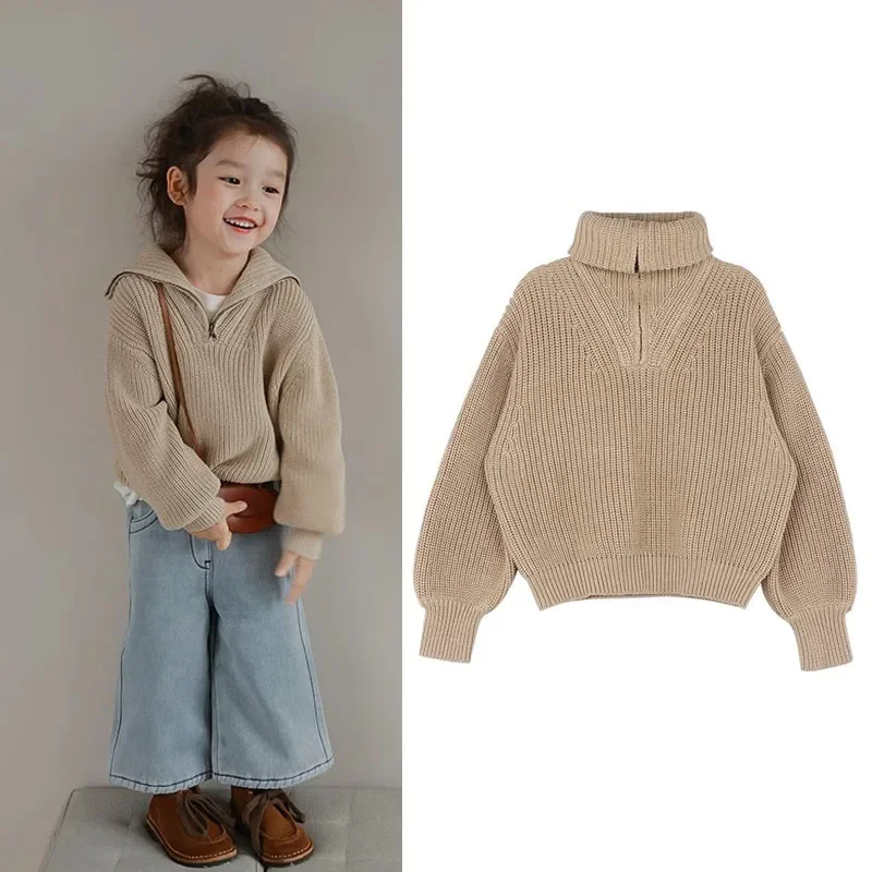 Girls\' Zipper Big Collar Wool Hooded Sweater 2024 Autumn New Baby Kids Knitted Jacket Children\'s Camel Casual Wear Top