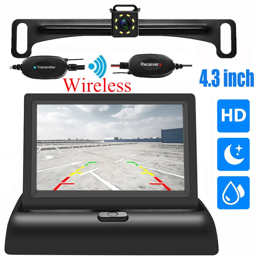 Wireless Foldable Car Monitor 4.3-inch TFT LCD HD Parking Monitor Night Vision With Reverse Camera for Car MPV RV SUV Parking