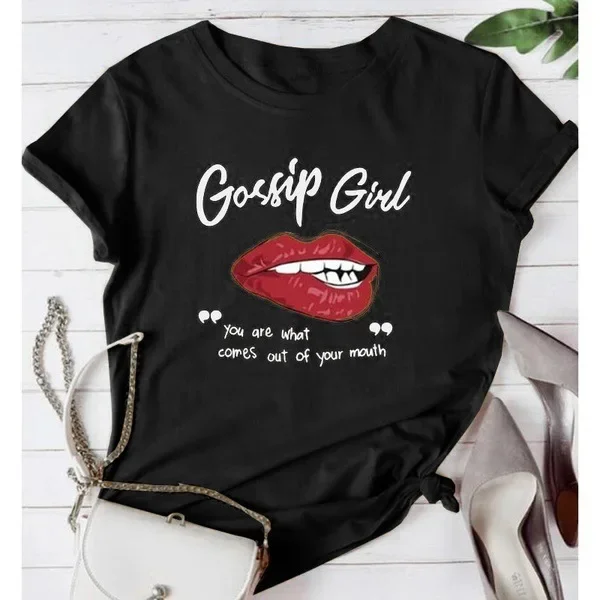 Women T Shirt Gossip Girl Red Lip Print Tshirt Women Short Sleeve O Neck Loose T-shirt Ladies Summer Causal Tee Shirt Clothes