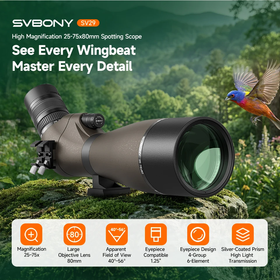 Svbony SV29 Teleskop 25-75x80mm FMC Abnehmbares 1,25"-Okular Schwalbenschwanzanschluss Spektiv für Vogelbeobachtung, Mondbeobachtung, Camping – Detail 9