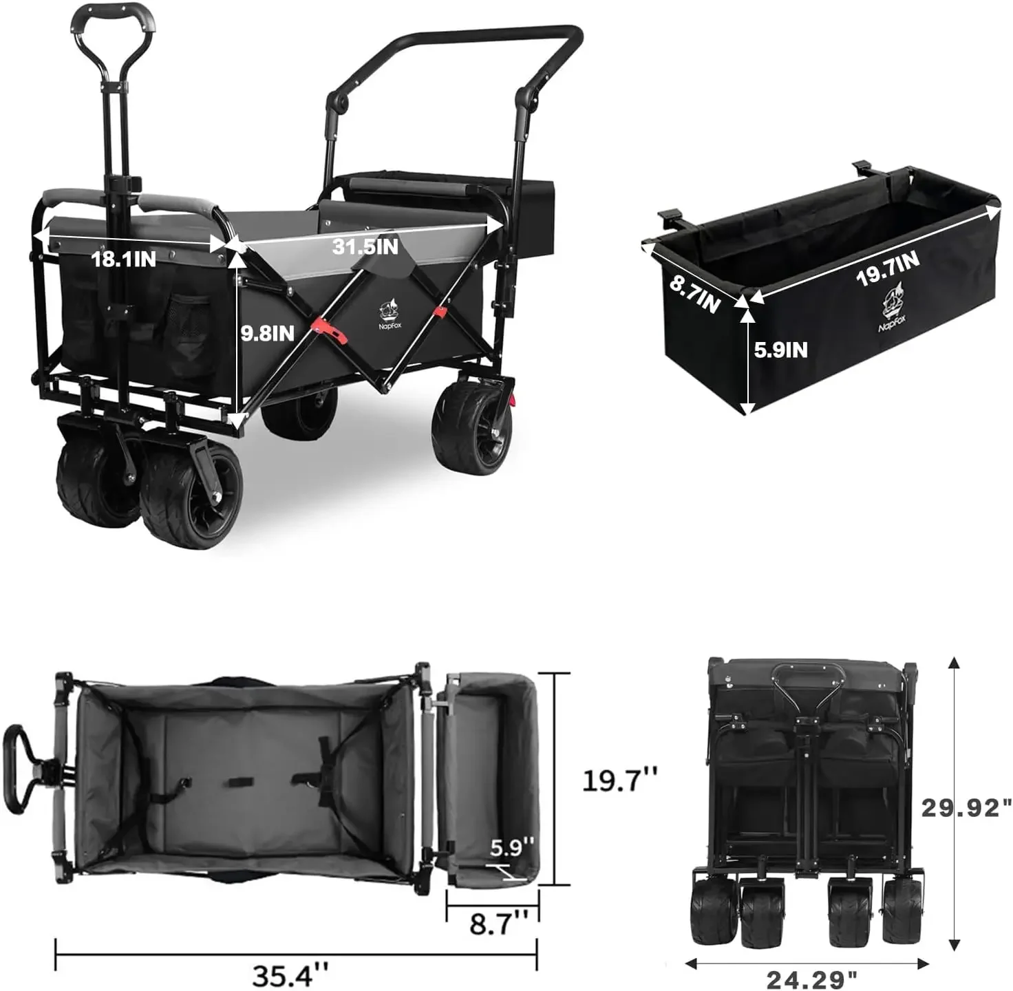 Collapsible Folding Wagon Cart Utility Wagon with Removable Rear Bag Adjustable Push Pull Handle, All Terrain Beach Wagon