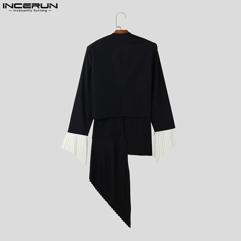 INCERUN-Blazer de retalho plissado masculino, gola V, manga comprida, ponto aberto, roupas irregulares casuais, streetwear, casacos finos, S a 5XL,