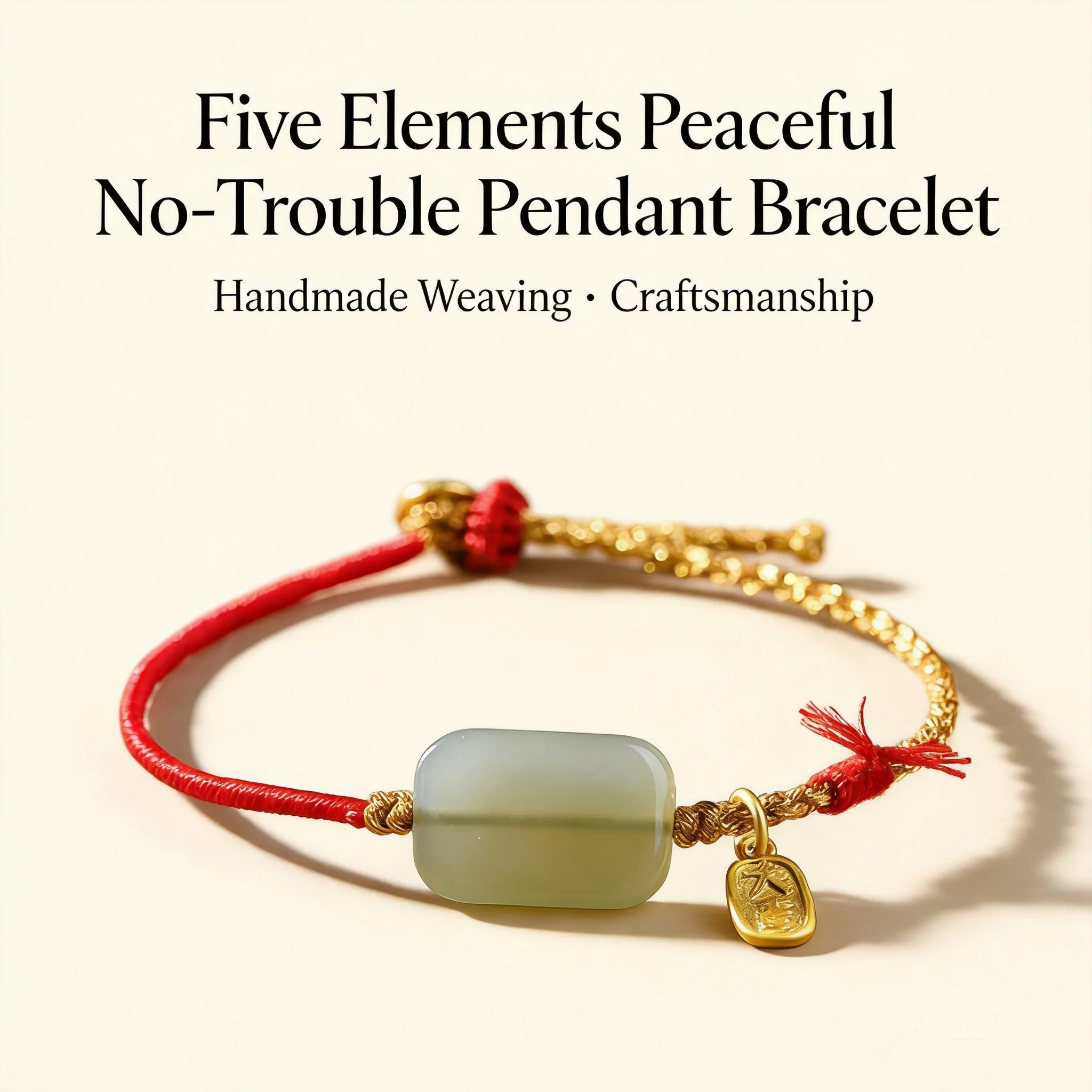 Traditional Chinese Style Jade Worry Free Peace Tag Bracelet Five Elements Adjustable Handwoven Rope Lucky Blessing Fortu