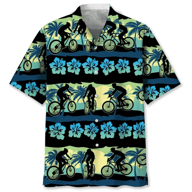 Colorful Tropical Cycling 3d Printed Shirt For Men Bicycle Graphics Short Sleeves Hawaiian Shirts Street Loose Lapel Blouse