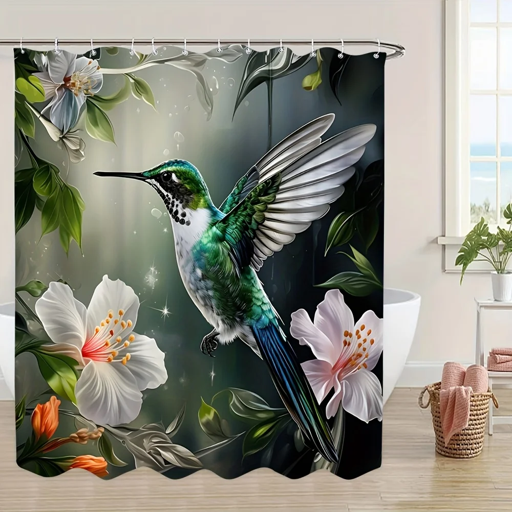 ستارة حمام الطائر الطنان النابضة بالحياة - زهور وأوراق خضراء غريبة، ديكور منزلي مقاوم للماء يضيف جمالًا الطبيعة إلى حمامك