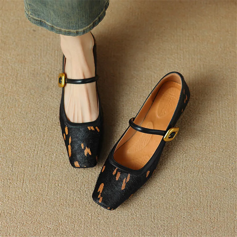

New Spring/Summer Horsehair Women Shoes Square Toe Shoes for Women Fashion Leopard Print Women Pumps Low Heels Mary Jane Shoes