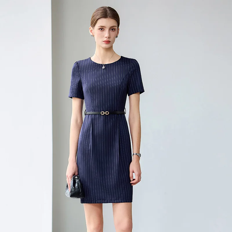 

Stripes2025Новое стильное женское платье с воротником-костюмом, с коротким рукавом, с застежкой талией, элегантное профессиональное платье, рабочая одежда, футболка для похудения