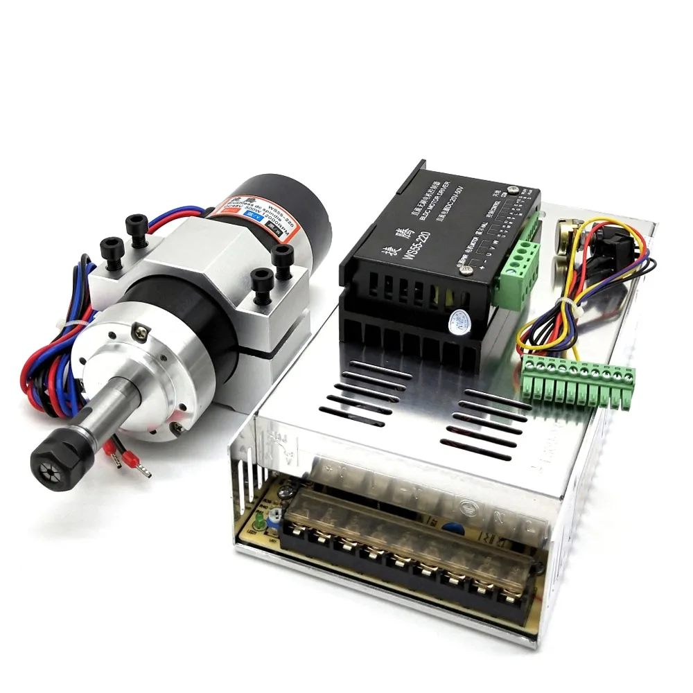 500W 48V ER11 Brushless Spindle Motor Kit CNC Air Cooled + Driver + Power Supply + Mounting Clamp