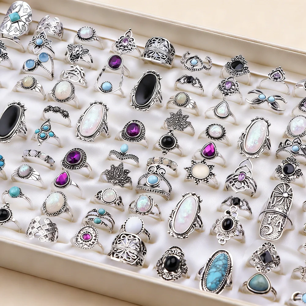 10/16/24/30/50Pieces Retro Bohemian Turquoise Rings Set For Women Men Mix Style Vintage Geometry Jewelry Party Gifts