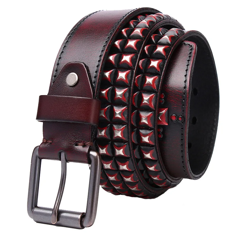 men fashion genuine leather studded belt vintage pin buckle belts punk rock dress strapon black red brand designer waistband