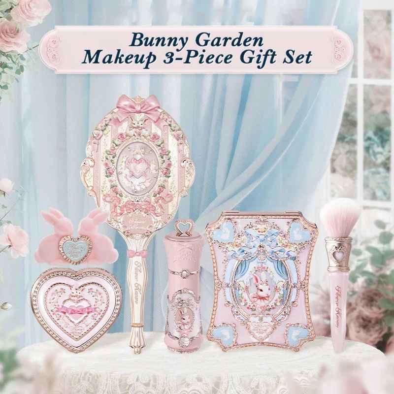 Set de Regalo Flowerknow Bunny Garden Collection, Paleta de Maquillaje de Alta Pigmentación, Bálsamo Labial, Lápiz Labial Mate de Terciopelo, Set de Rubor en Crema