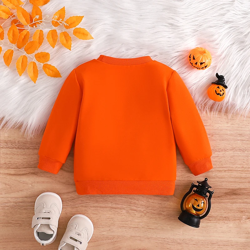 Bluzy dla małych chłopców Halloween Casual z długim rękawem, dekoltem w kształcie litery O, haftowanym dyni, pulowerem