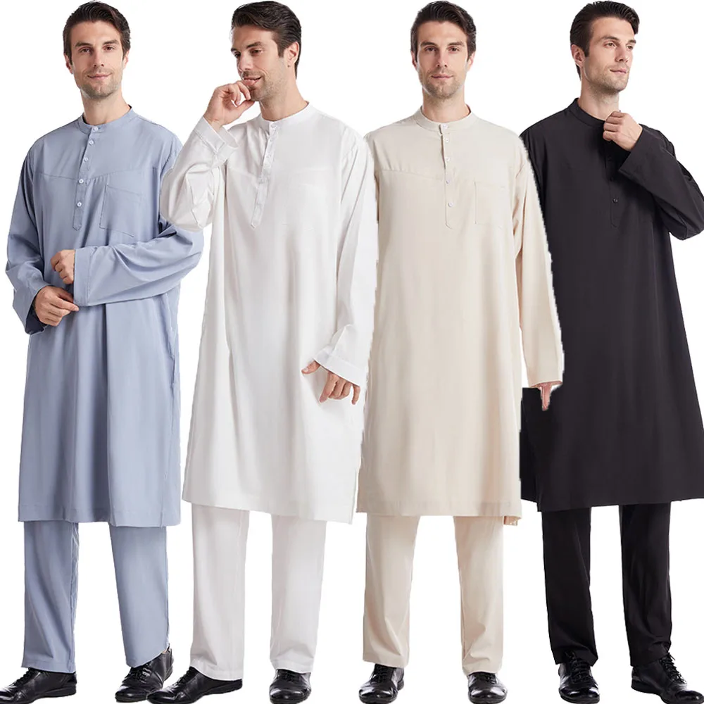 

Saudi Arabic Men Tops Pants 2 Piece Set Jubba Thobe Muslim Dress Islam Clothing Pakistan Abaya Kaftan Thoub Robe Ramadan Abayas