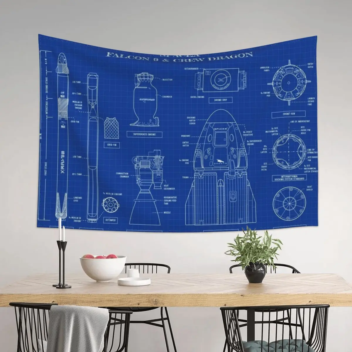 

SpaceX: Falcon 9 and Crew Dragon (Blueprint-English) Tapestry Room Decoration Korean Style Decor Home Tapestry