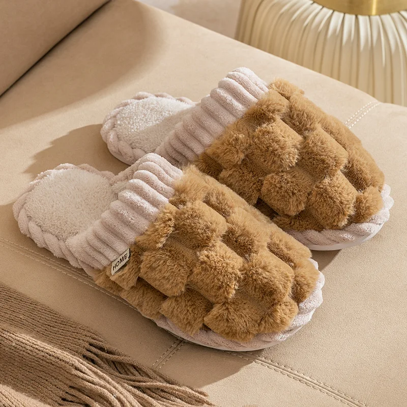 Fashion Couple Winter Toe Wrap Warm Plaid Cotton Slippers Thick Soft Sole Slides Men Women Indoor Floor Flat Home Non-slip Shoes