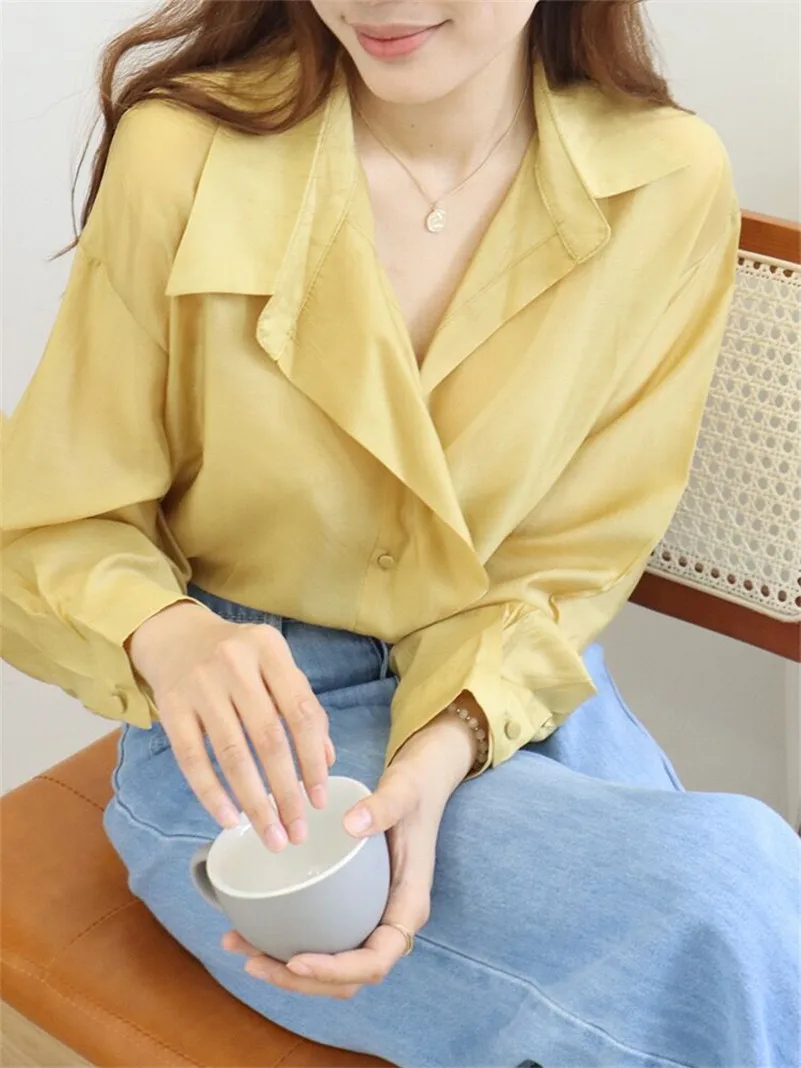 Spring Rayon Lapel Wide Brimmed Shirts Office Lady Smooth Breathable Temperament Chic Thin Loose Basics For Women Shirts Blouses