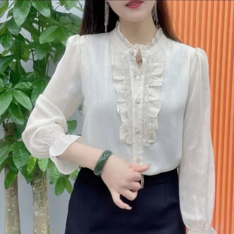 

High End Temperament Shirt Women's Long Sleeved New Style Lotus Leaf Collar Solid Color Small Fragrance Style Loose Fit