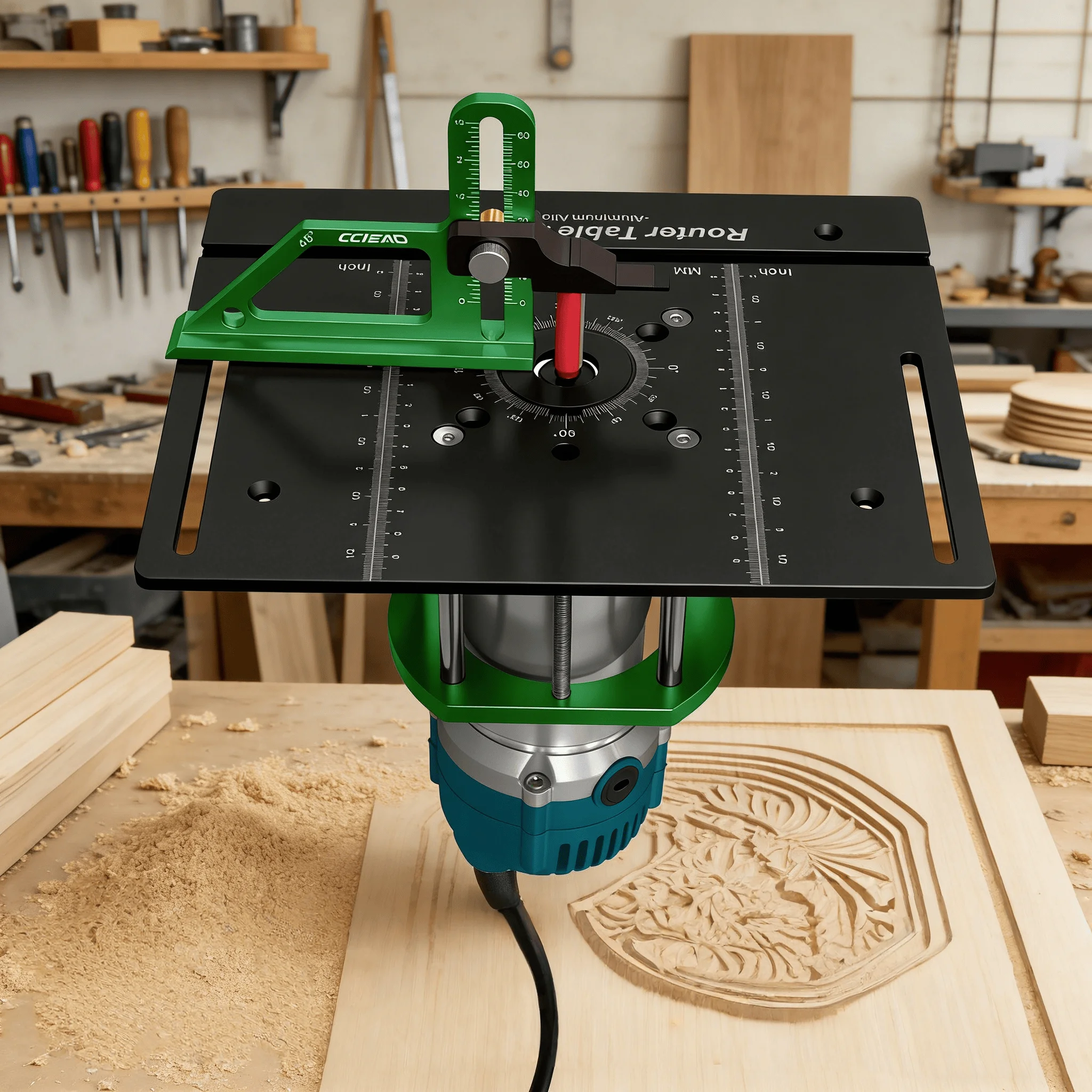 2個入りアルミ合金製ルーターテーブルインサートプレート＆深さ高さゲージ、テーブルソー木工測定およびリフトサポートツール用