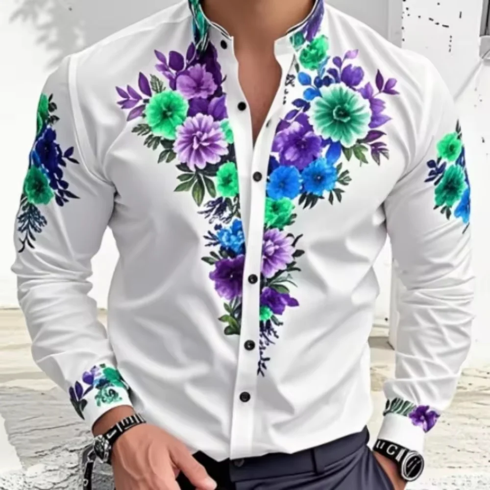 幾何学模様の花柄プリントが施された、新しいメンズラペルシャツ。アウトドアストリートファッションデザイン、カジュアルなハワイアン長袖シャツトップス。