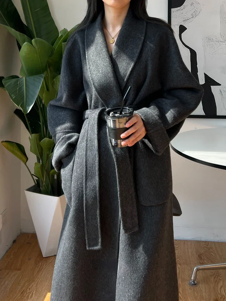 

High-end Women Double-sided Wool Coat Casual Fashion Loose Lapel Double-sided Tweed Jacket Long Bathrobe Overcoat Autumn Winter