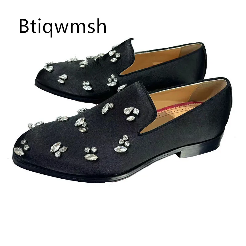 

Black Luxury Satin Wedding Shoes Man Pointed Toe Rhinestone Flats Male Sexy Party Shoes