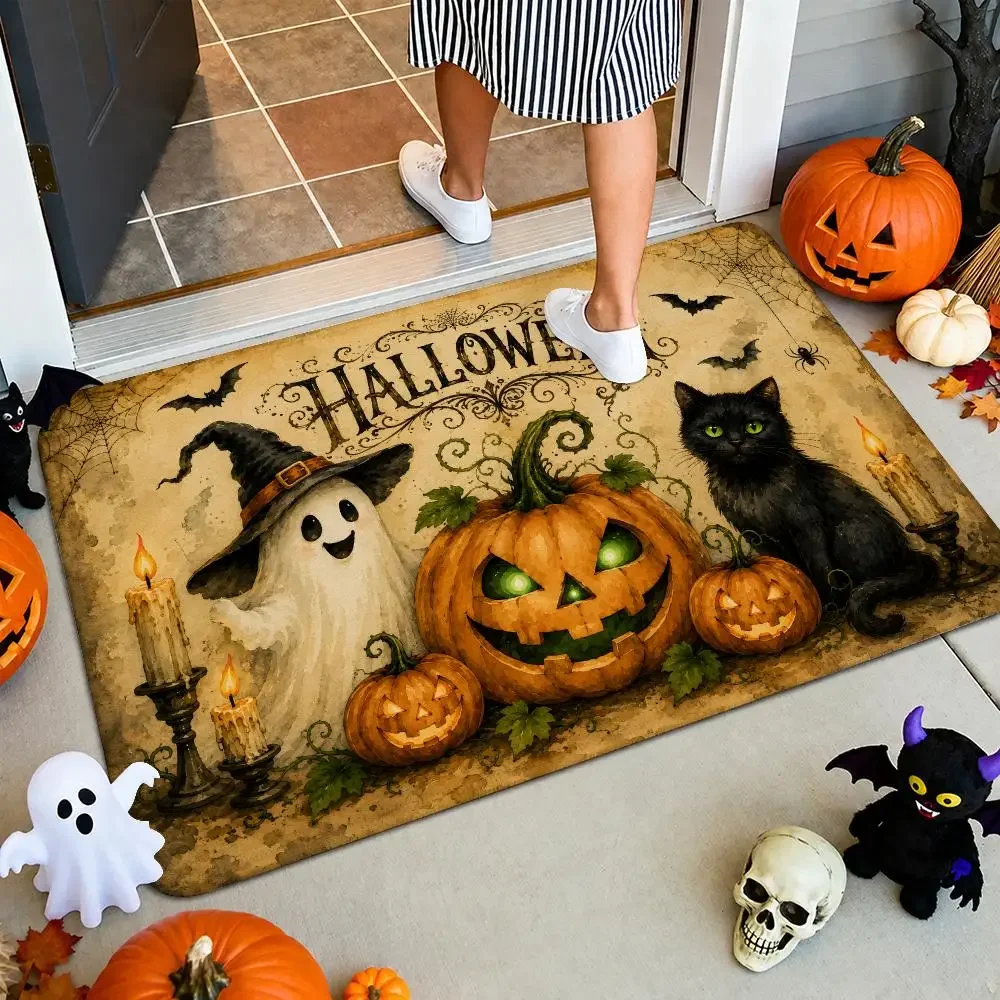 Halloween Black Cat Ghost Pumpkin Floor Mat Festive Decorative Flannel Non-Slip Washable Mat for Entry & PartyParty-Ready